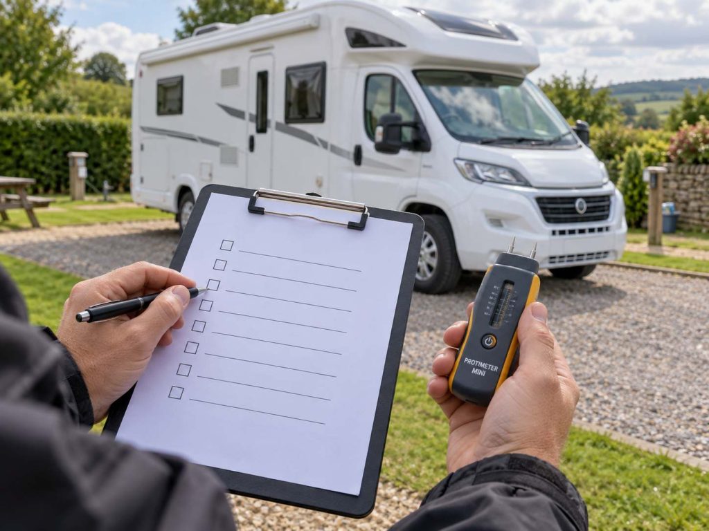 Pre-purchase motorhome inspection with clipboard and Protimeter damp meter